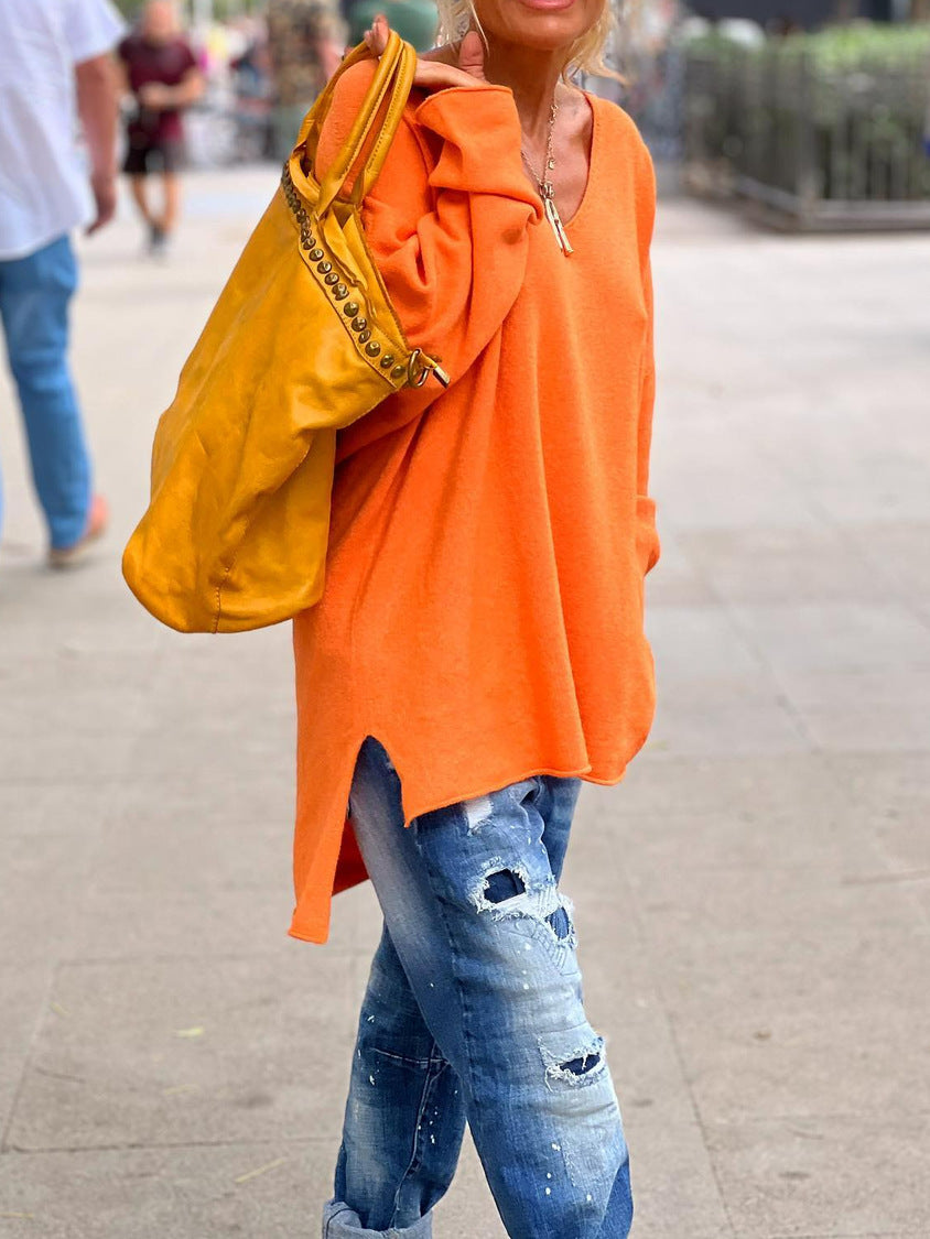 2023 autumn and winter New European and American cross-border foreign trade women's clothing solid color V-neck long sleeve loose casual comfortable T-shirt top