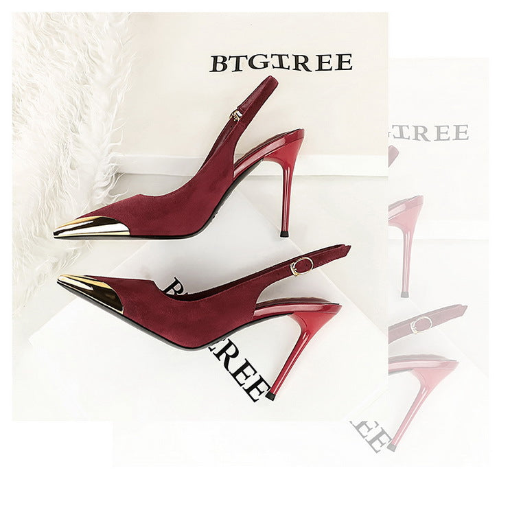 373-32 European and American-style metal pointed high-heeled shoes with thin heels, super high heels, shallow mouth, empty back trip belt, banquet shoes for women