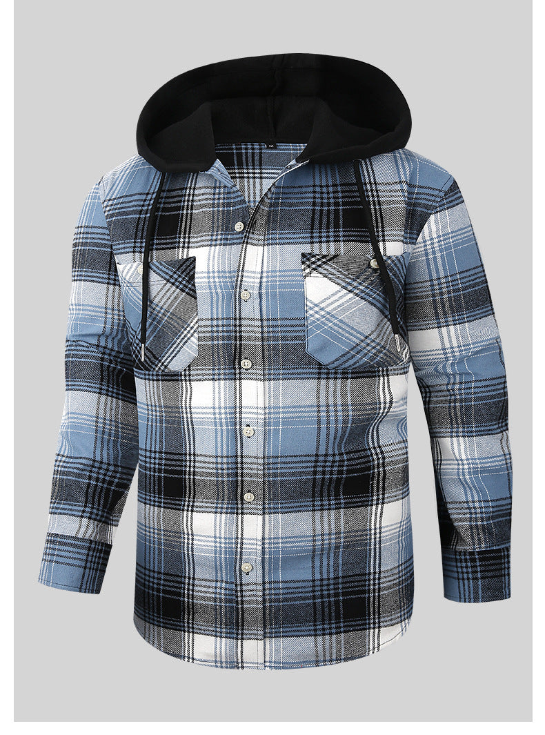 2026 Spring New Amazon Hot-Selling Loose Casual Flannel Long-Sleeve Hooded Plaid Shirt for Men with a High-End Feel