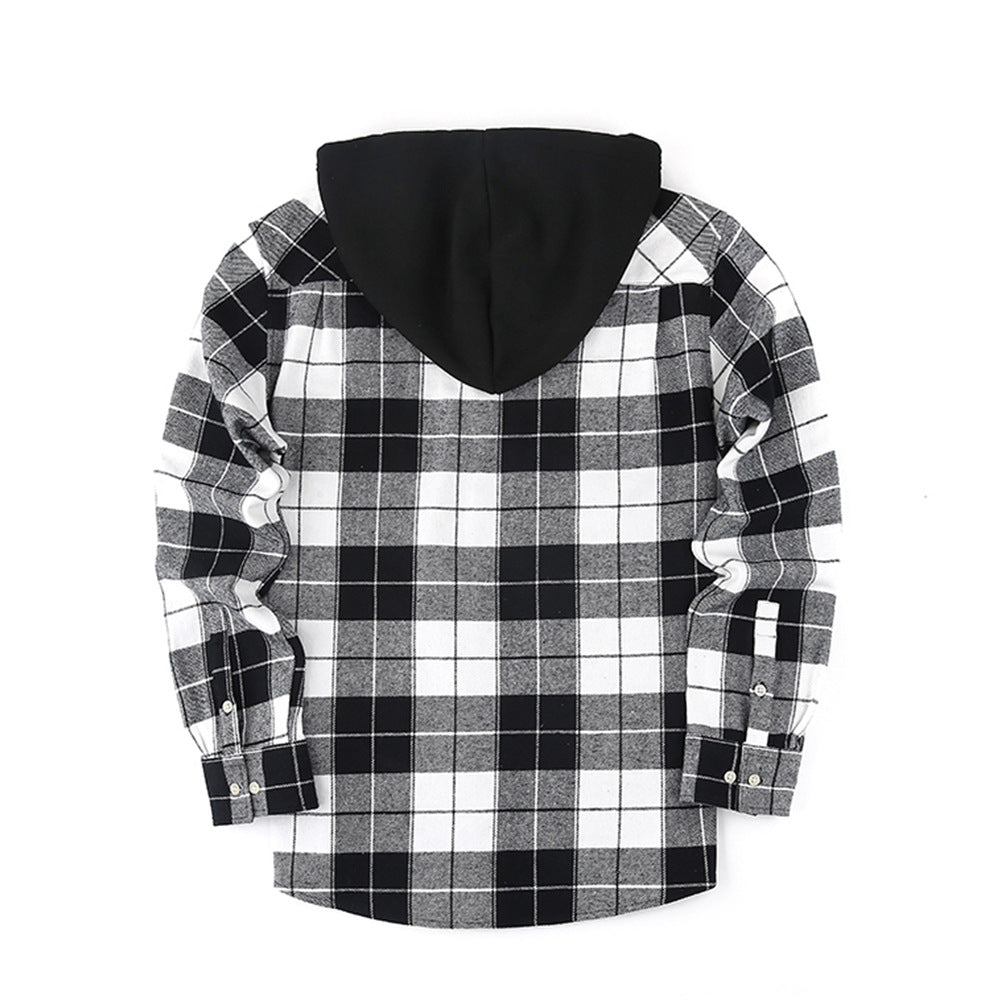 2026 Spring New Amazon Hot-Selling Loose Casual Flannel Long-Sleeve Hooded Plaid Shirt for Men with a High-End Feel