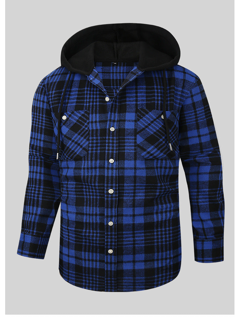 2026 Spring New Amazon Hot-Selling Loose Casual Flannel Long-Sleeve Hooded Plaid Shirt for Men with a High-End Feel