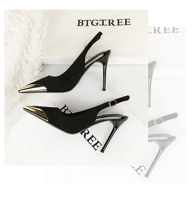373-32 European and American-style metal pointed high-heeled shoes with thin heels, super high heels, shallow mouth, empty back trip belt, banquet shoes for women