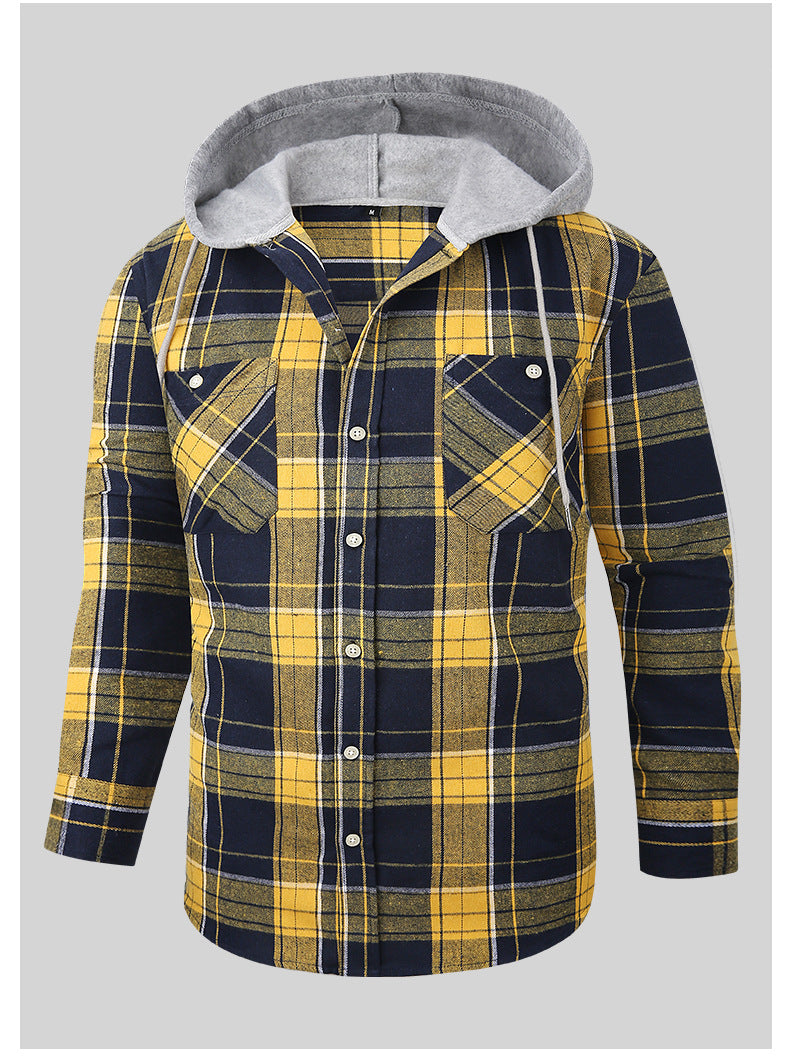 2026 Spring New Amazon Hot-Selling Loose Casual Flannel Long-Sleeve Hooded Plaid Shirt for Men with a High-End Feel