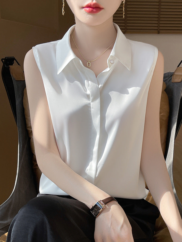 Cross-Border Women's Ice Silk Sleeveless Polo Collar Shirt Women's 2025 New Summer French Style Layered Cardigan Shirt