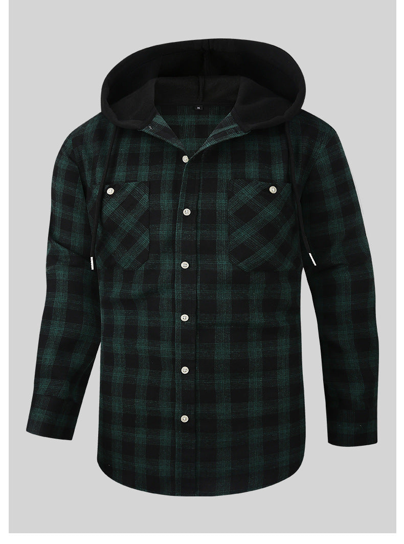 2026 Spring New Amazon Hot-Selling Loose Casual Flannel Long-Sleeve Hooded Plaid Shirt for Men with a High-End Feel