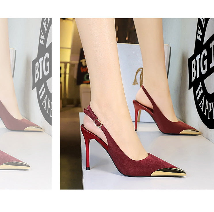 373-32 European and American-style metal pointed high-heeled shoes with thin heels, super high heels, shallow mouth, empty back trip belt, banquet shoes for women