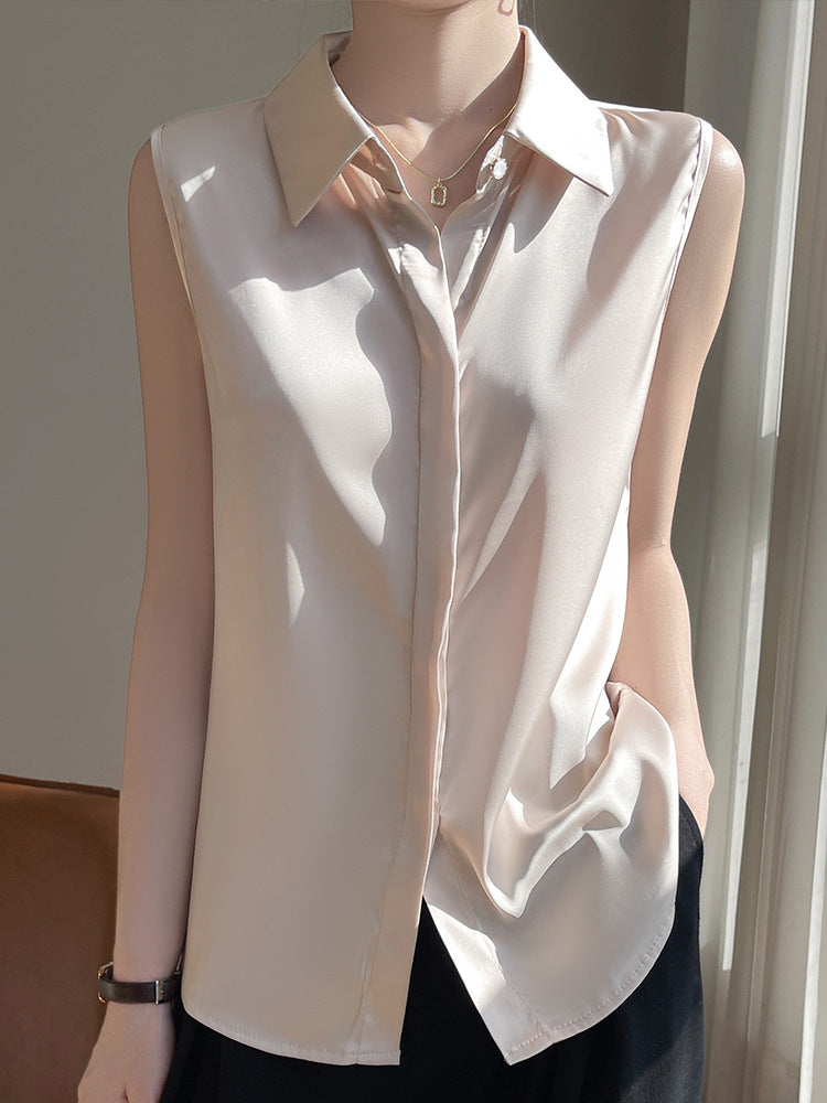 Cross-Border Women's Ice Silk Sleeveless Polo Collar Shirt Women's 2025 New Summer French Style Layered Cardigan Shirt