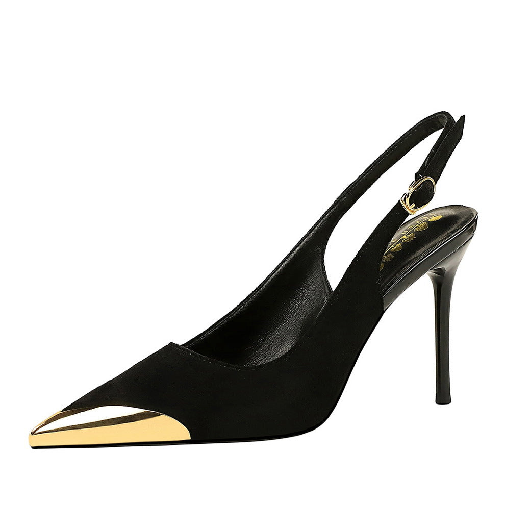 373-32 European and American-style metal pointed high-heeled shoes with thin heels, super high heels, shallow mouth, empty back trip belt, banquet shoes for women