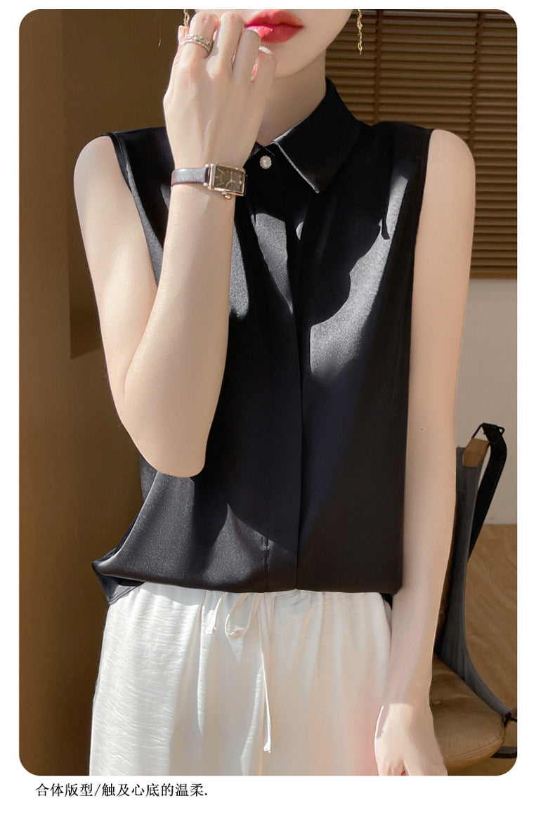 Cross-Border Women's Ice Silk Sleeveless Polo Collar Shirt Women's 2025 New Summer French Style Layered Cardigan Shirt