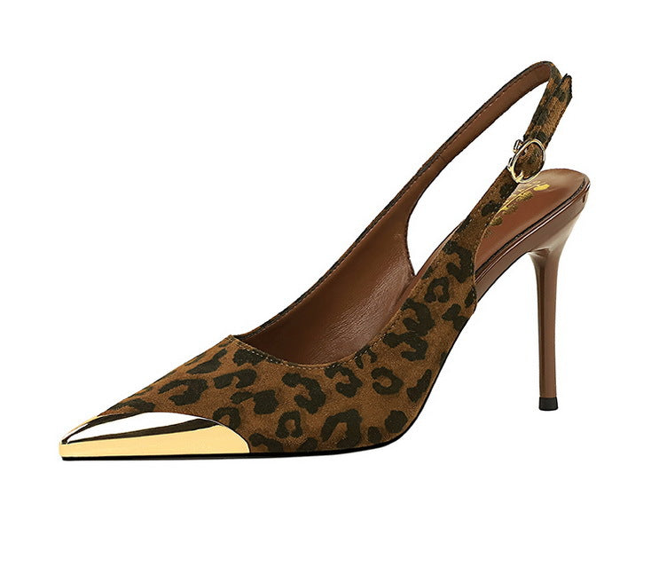 373-32 European and American-style metal pointed high-heeled shoes with thin heels, super high heels, shallow mouth, empty back trip belt, banquet shoes for women