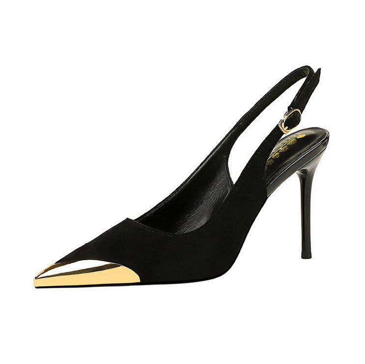 373-32 European and American-style metal pointed high-heeled shoes with thin heels, super high heels, shallow mouth, empty back trip belt, banquet shoes for women