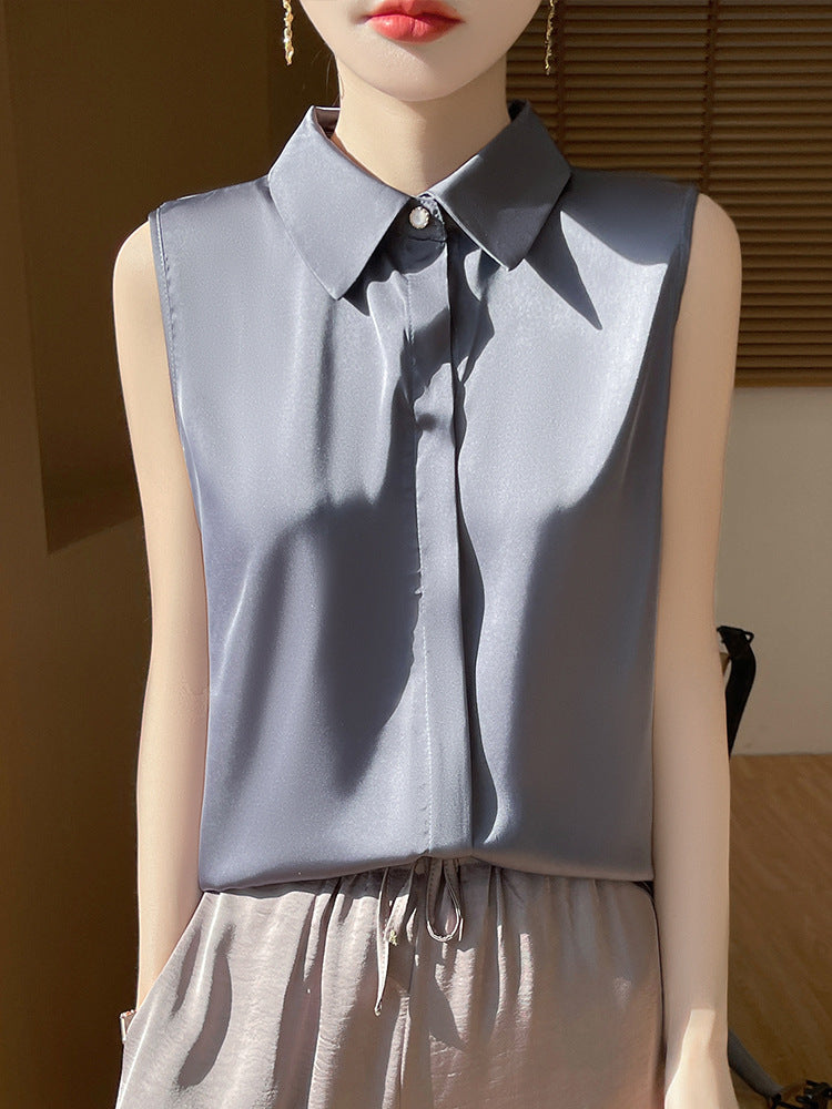 Cross-Border Women's Ice Silk Sleeveless Polo Collar Shirt Women's 2025 New Summer French Style Layered Cardigan Shirt