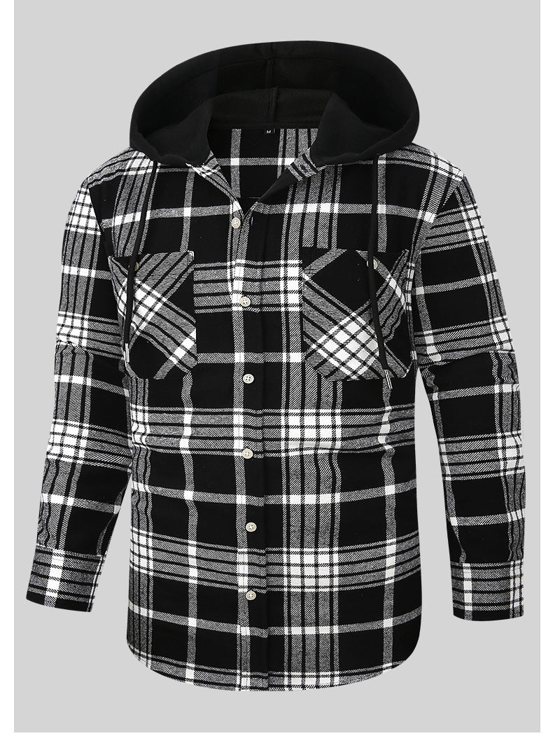 2026 Spring New Amazon Hot-Selling Loose Casual Flannel Long-Sleeve Hooded Plaid Shirt for Men with a High-End Feel