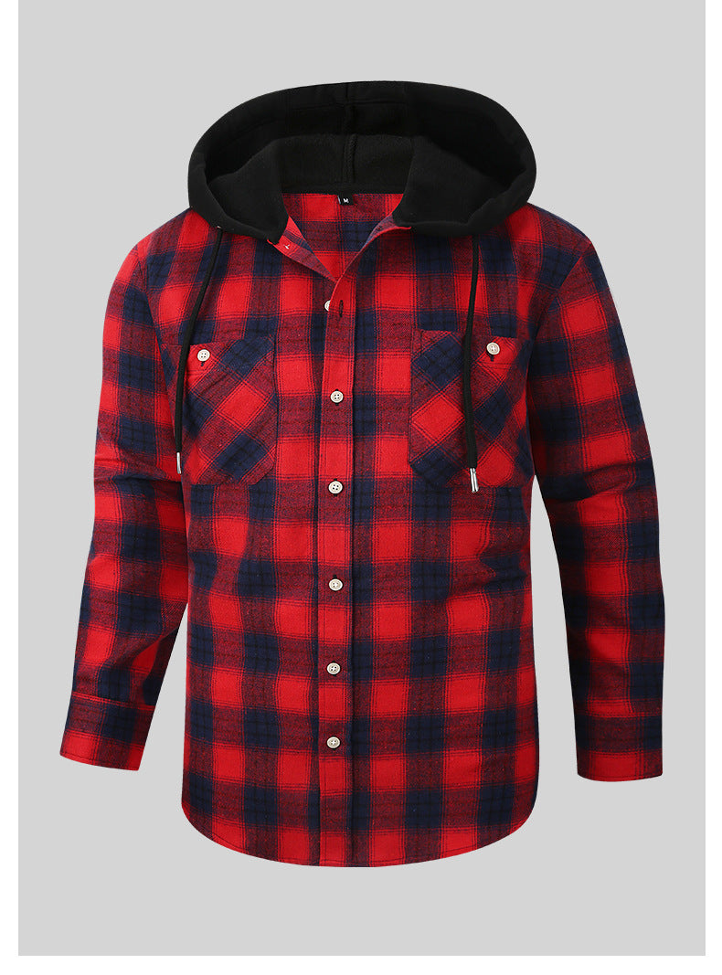 2026 Spring New Amazon Hot-Selling Loose Casual Flannel Long-Sleeve Hooded Plaid Shirt for Men with a High-End Feel