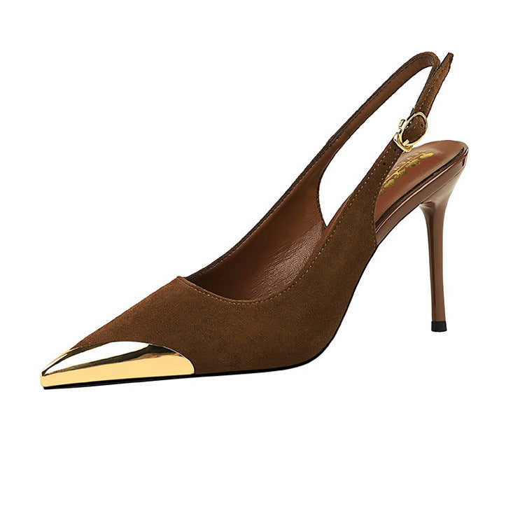 373-32 European and American-style metal pointed high-heeled shoes with thin heels, super high heels, shallow mouth, empty back trip belt, banquet shoes for women