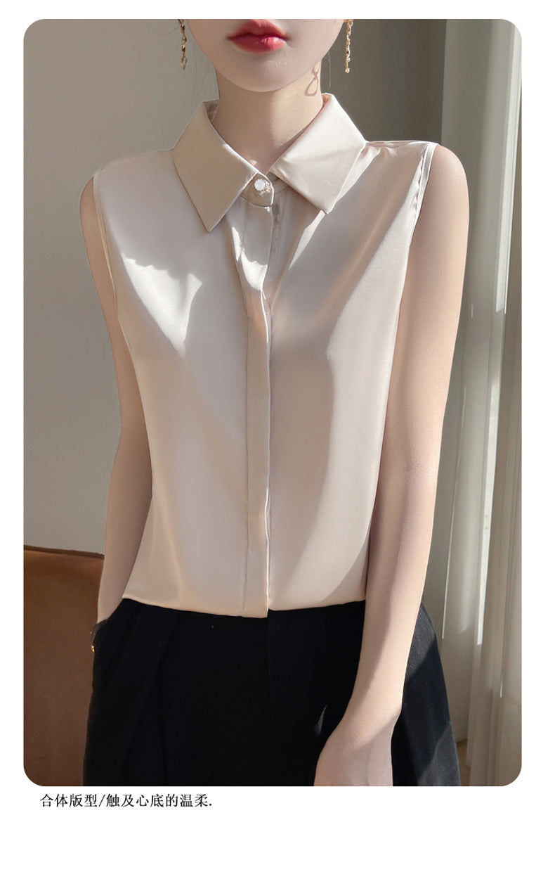 Cross-Border Women's Ice Silk Sleeveless Polo Collar Shirt Women's 2025 New Summer French Style Layered Cardigan Shirt