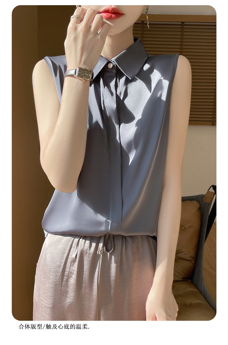 Cross-Border Women's Ice Silk Sleeveless Polo Collar Shirt Women's 2025 New Summer French Style Layered Cardigan Shirt