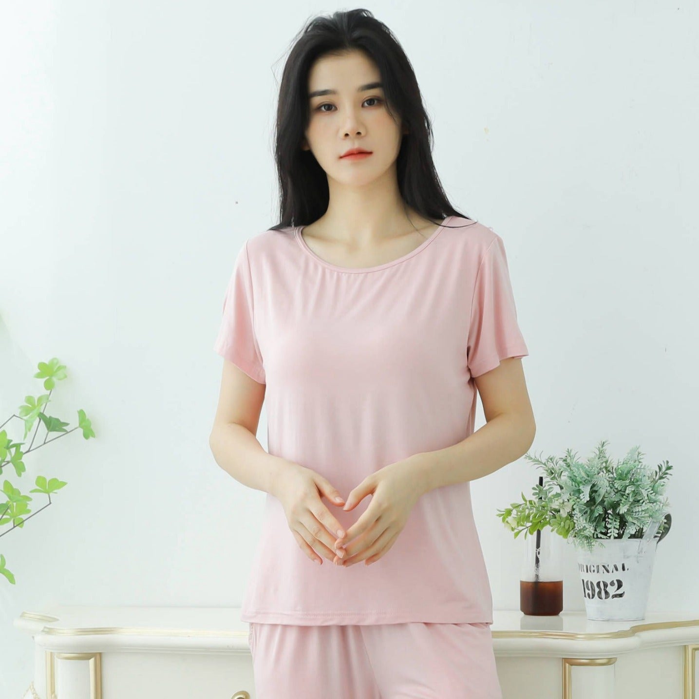 Modal Women's Short-sleeved Pajamas Set with Chest Pad Five-finger Cup Large Size Bra-free Half-sleeved Loose Shorts Home Clothes