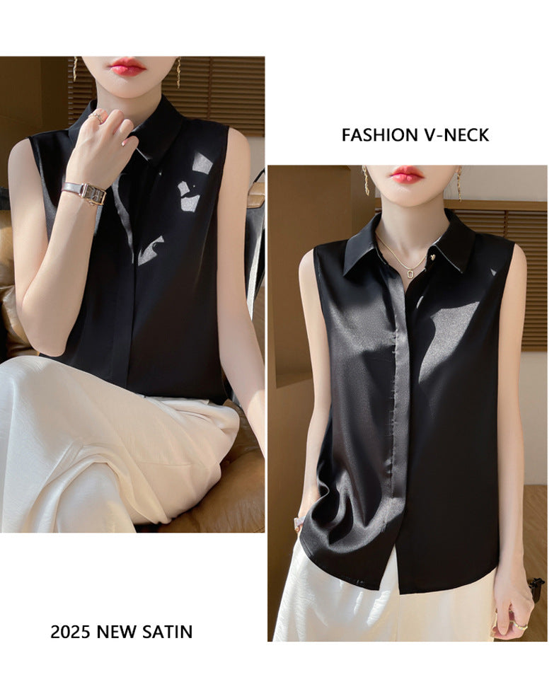 Cross-Border Women's Ice Silk Sleeveless Polo Collar Shirt Women's 2025 New Summer French Style Layered Cardigan Shirt