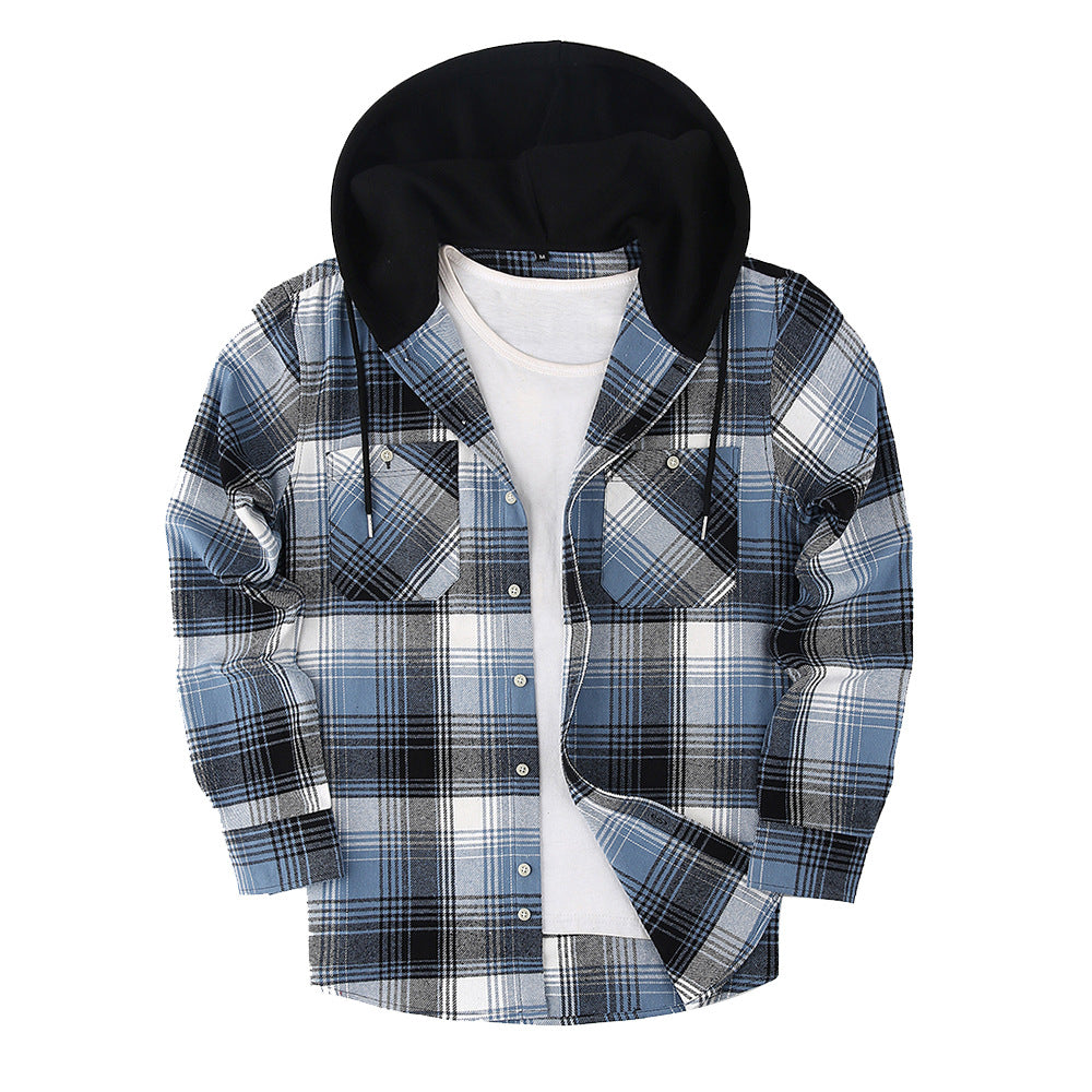 2026 Spring New Amazon Hot-Selling Loose Casual Flannel Long-Sleeve Hooded Plaid Shirt for Men with a High-End Feel