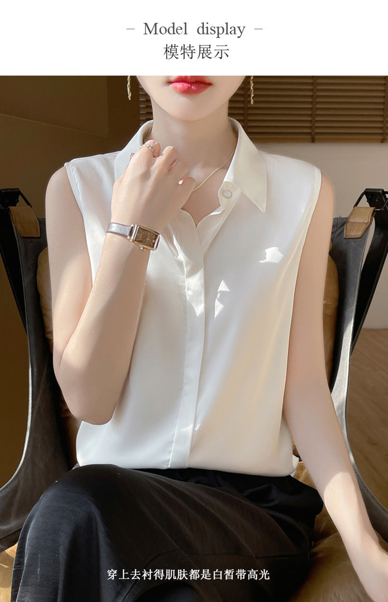 Cross-Border Women's Ice Silk Sleeveless Polo Collar Shirt Women's 2025 New Summer French Style Layered Cardigan Shirt