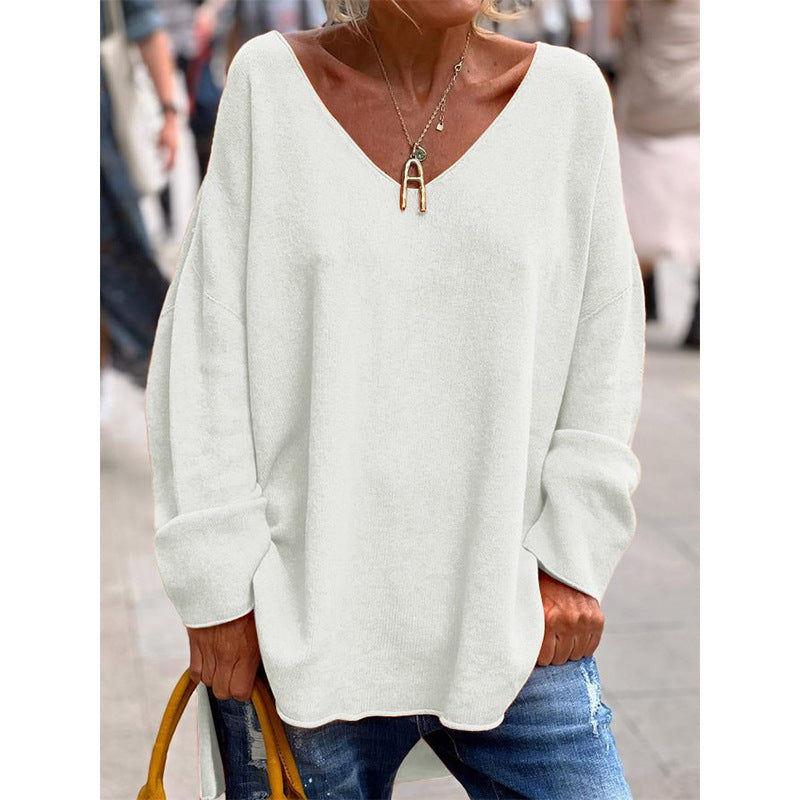 2023 autumn and winter New European and American cross-border foreign trade women's clothing solid color V-neck long sleeve loose casual comfortable T-shirt top