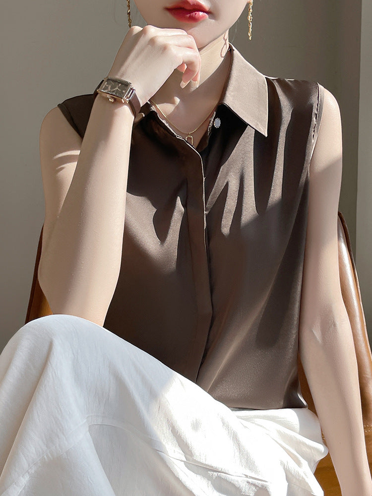 Cross-Border Women's Ice Silk Sleeveless Polo Collar Shirt Women's 2025 New Summer French Style Layered Cardigan Shirt