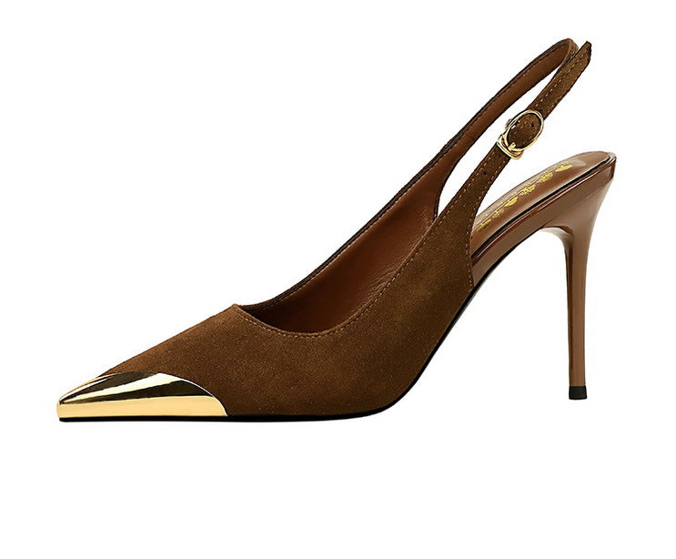 373-32 European and American-style metal pointed high-heeled shoes with thin heels, super high heels, shallow mouth, empty back trip belt, banquet shoes for women