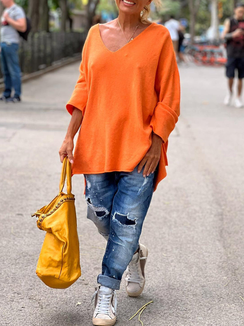 2023 autumn and winter New European and American cross-border foreign trade women's clothing solid color V-neck long sleeve loose casual comfortable T-shirt top