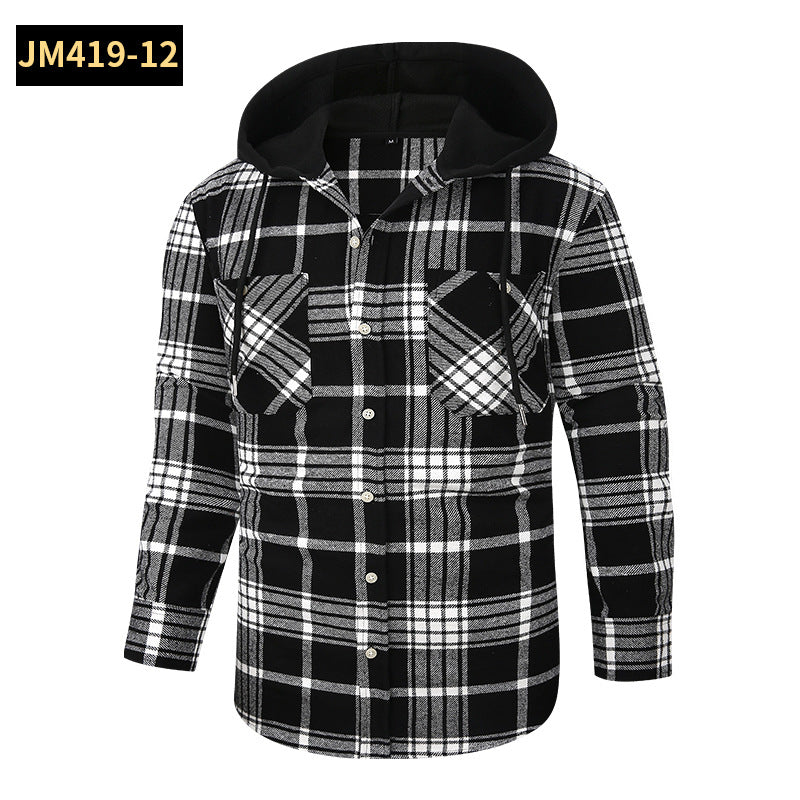 2026 Spring New Amazon Hot-Selling Loose Casual Flannel Long-Sleeve Hooded Plaid Shirt for Men with a High-End Feel