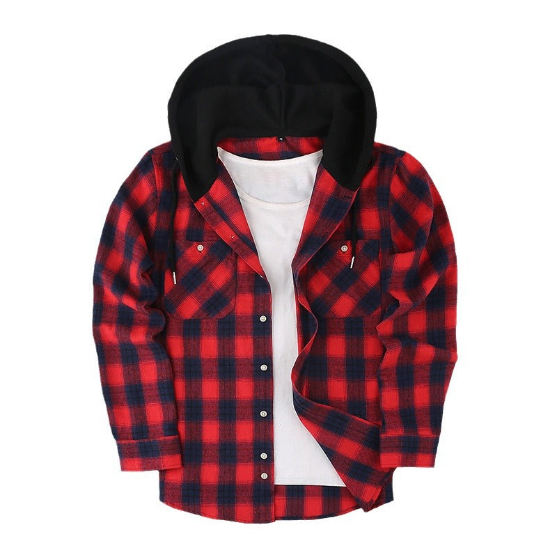 2026 Spring New Amazon Hot-Selling Loose Casual Flannel Long-Sleeve Hooded Plaid Shirt for Men with a High-End Feel