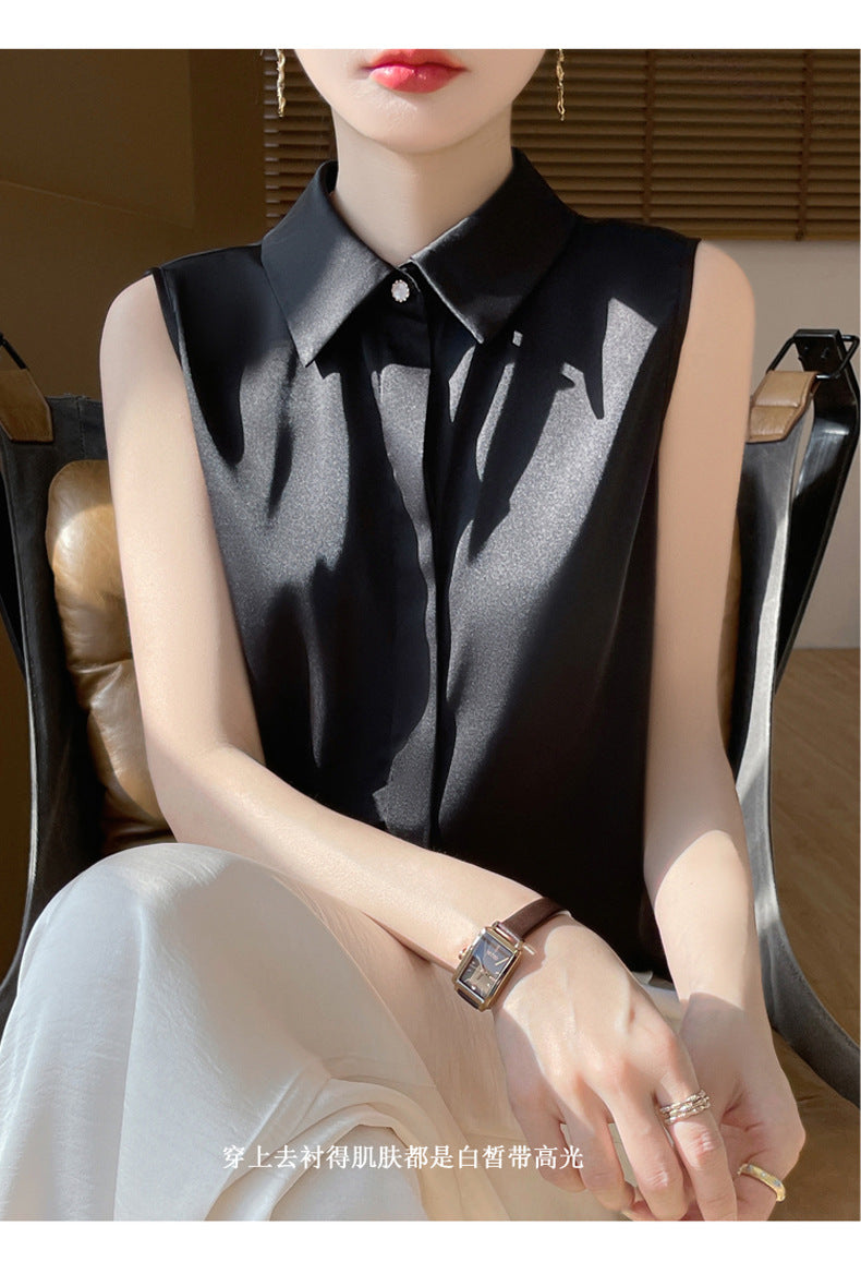 Cross-Border Women's Ice Silk Sleeveless Polo Collar Shirt Women's 2025 New Summer French Style Layered Cardigan Shirt