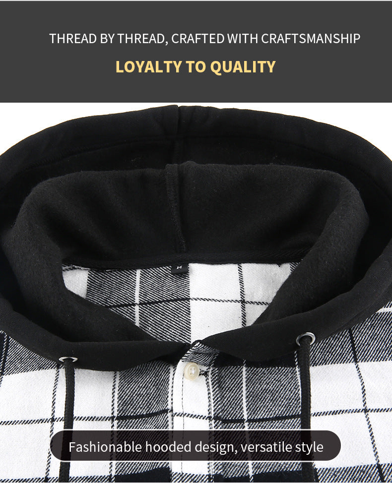 2026 Spring New Amazon Hot-Selling Loose Casual Flannel Long-Sleeve Hooded Plaid Shirt for Men with a High-End Feel