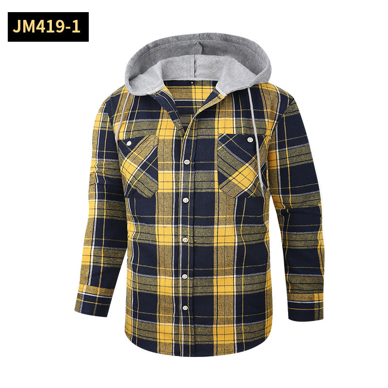2026 Spring New Amazon Hot-Selling Loose Casual Flannel Long-Sleeve Hooded Plaid Shirt for Men with a High-End Feel