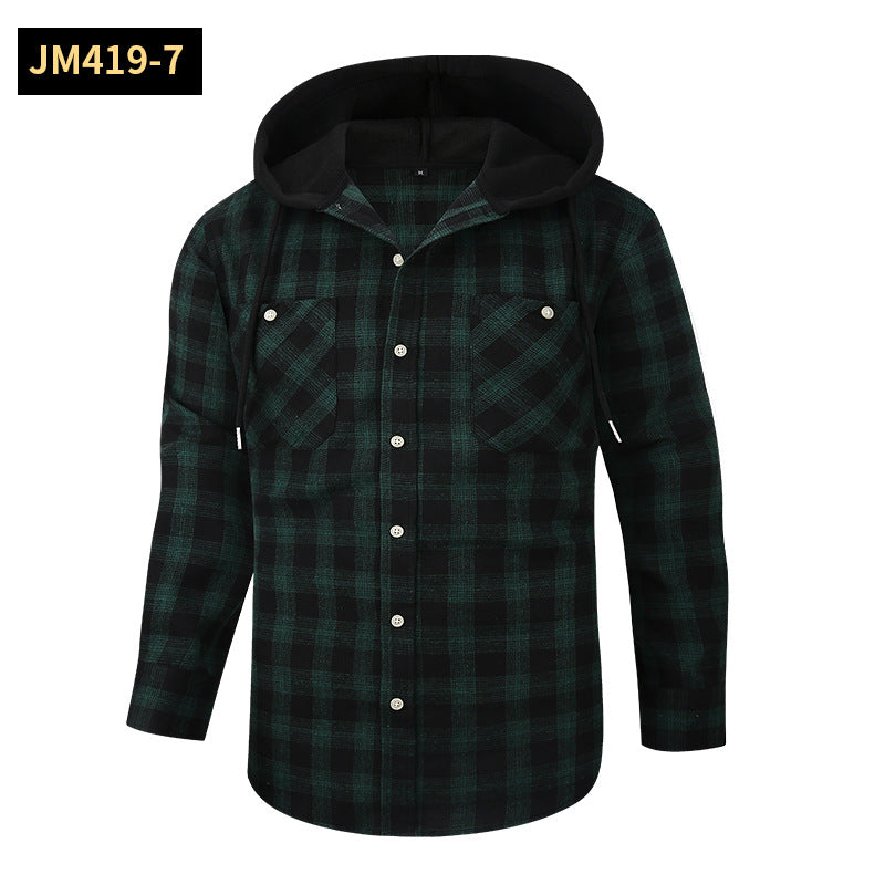 2026 Spring New Amazon Hot-Selling Loose Casual Flannel Long-Sleeve Hooded Plaid Shirt for Men with a High-End Feel