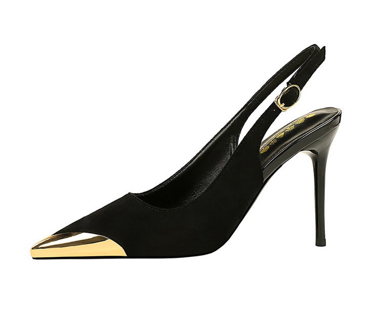373-32 European and American-style metal pointed high-heeled shoes with thin heels, super high heels, shallow mouth, empty back trip belt, banquet shoes for women