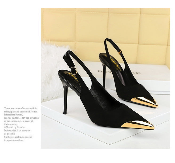 373-32 European and American-style metal pointed high-heeled shoes with thin heels, super high heels, shallow mouth, empty back trip belt, banquet shoes for women