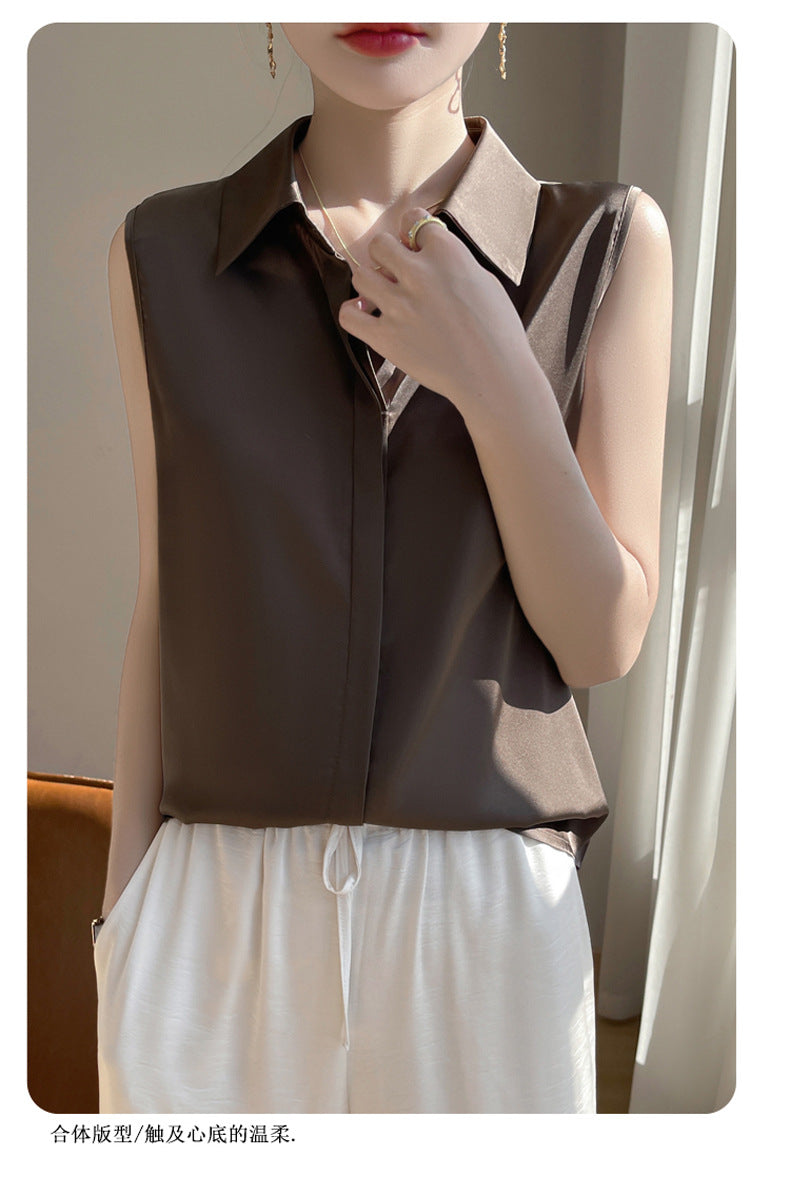 Cross-Border Women's Ice Silk Sleeveless Polo Collar Shirt Women's 2025 New Summer French Style Layered Cardigan Shirt