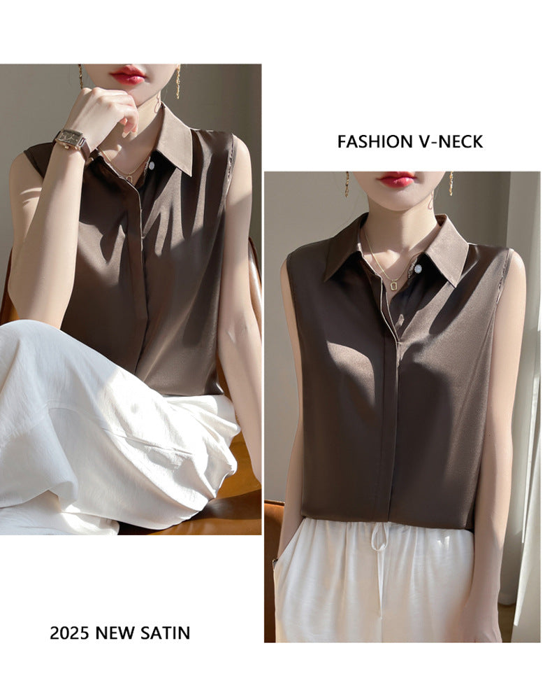 Cross-Border Women's Ice Silk Sleeveless Polo Collar Shirt Women's 2025 New Summer French Style Layered Cardigan Shirt