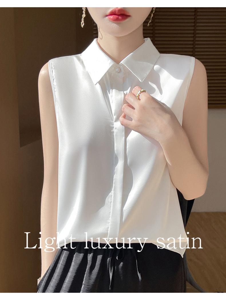 Cross-Border Women's Ice Silk Sleeveless Polo Collar Shirt Women's 2025 New Summer French Style Layered Cardigan Shirt
