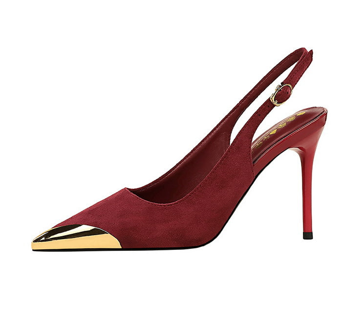 373-32 European and American-style metal pointed high-heeled shoes with thin heels, super high heels, shallow mouth, empty back trip belt, banquet shoes for women