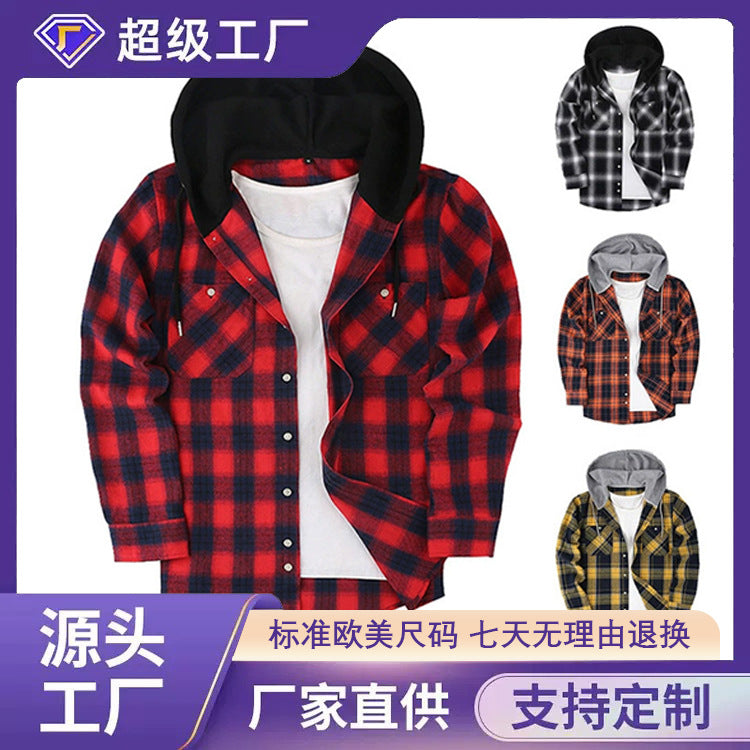 2026 Spring New Amazon Hot-Selling Loose Casual Flannel Long-Sleeve Hooded Plaid Shirt for Men with a High-End Feel