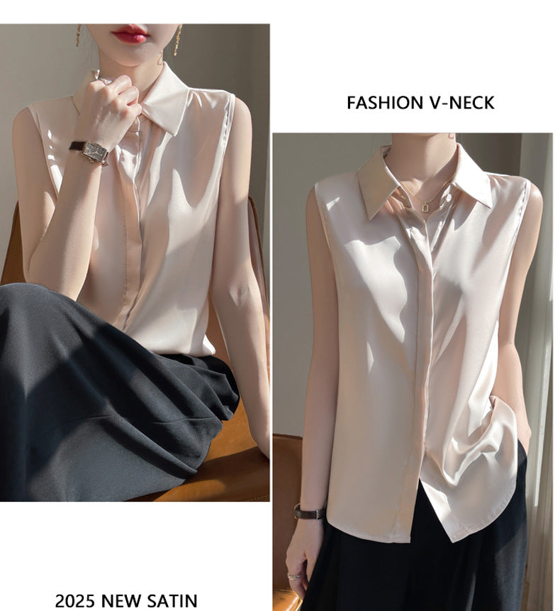 Cross-Border Women's Ice Silk Sleeveless Polo Collar Shirt Women's 2025 New Summer French Style Layered Cardigan Shirt