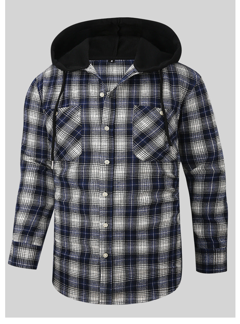 2026 Spring New Amazon Hot-Selling Loose Casual Flannel Long-Sleeve Hooded Plaid Shirt for Men with a High-End Feel